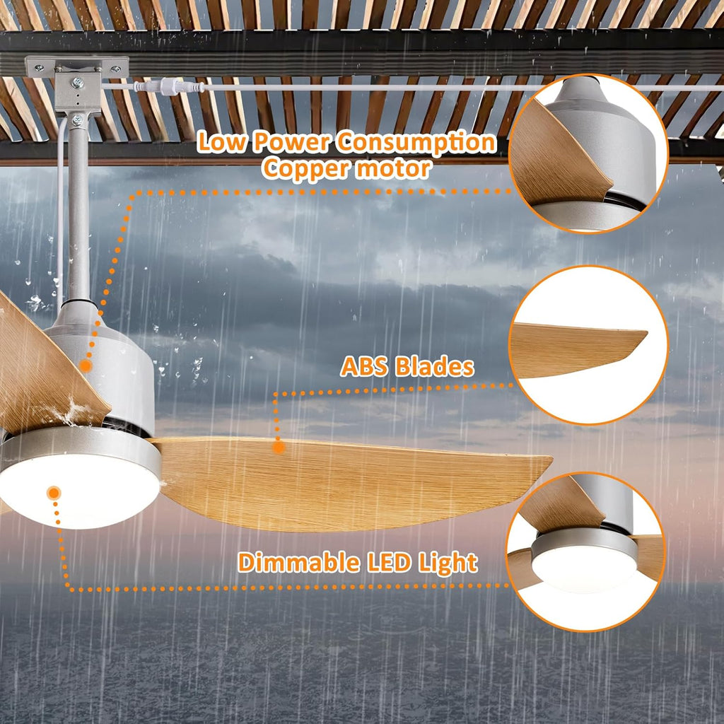 42 Inch Nickel Waterproof Gazebo Fans with Lights Outdoor Hanging - Plug in Remote App Control for Patio Indoor Farmhouse Porch - 6 Speed Reversible DC Motor