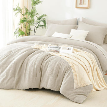Queen Comforter Set Beige - 7 Pieces Striped Seersucker Bed in a Bag