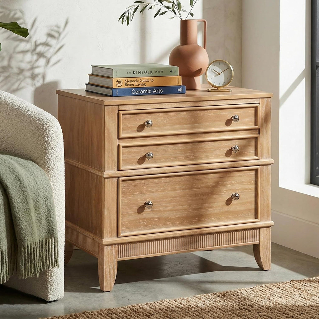 27.3 Inch Solid Wood Nightstand, Mid Century Modern Night Stand with Storage Tray & Drawers, Small Side End Table