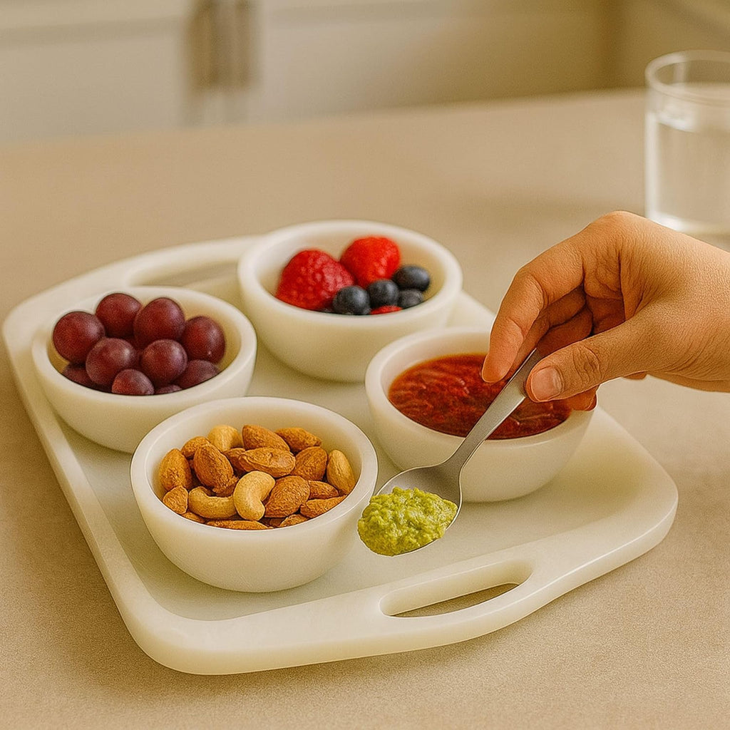 White Chip and Dip Tray, 5pc Serving Platter with Bowls - Modern Decorative Serving Tray and Snack Organizer Tray for