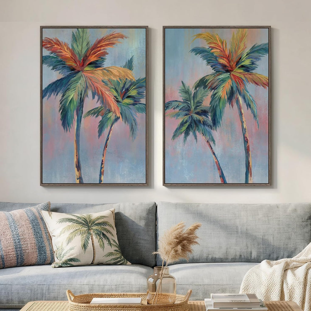 Large Framed Coastal Colorful Palm Tree Wall Art, 24x36 In - Set of 2