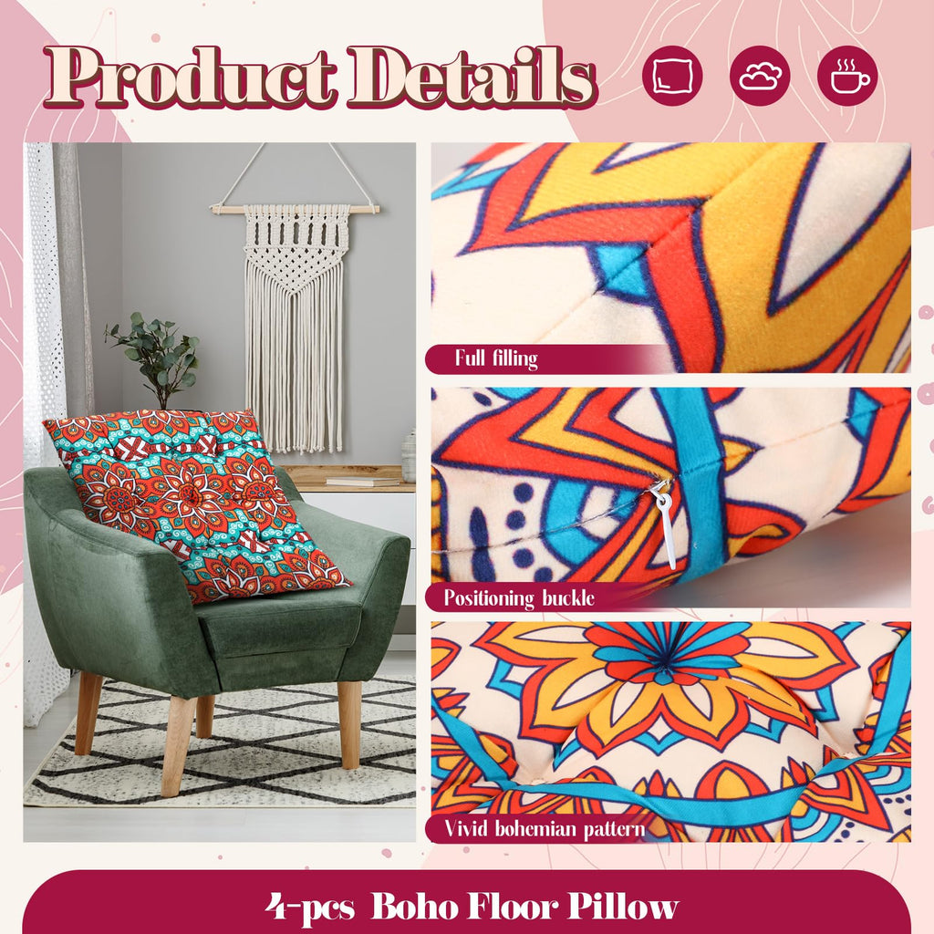 4 Pack 22 Inch Large Boho Floor Pillows Cushions Square