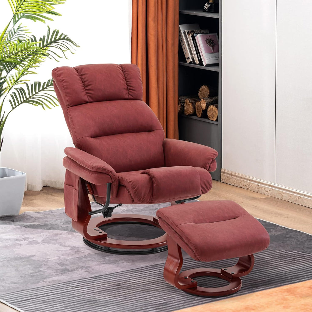 Modern Reclining Swivel Lounge Chair and Ottoman — Burgundy Faux Leather