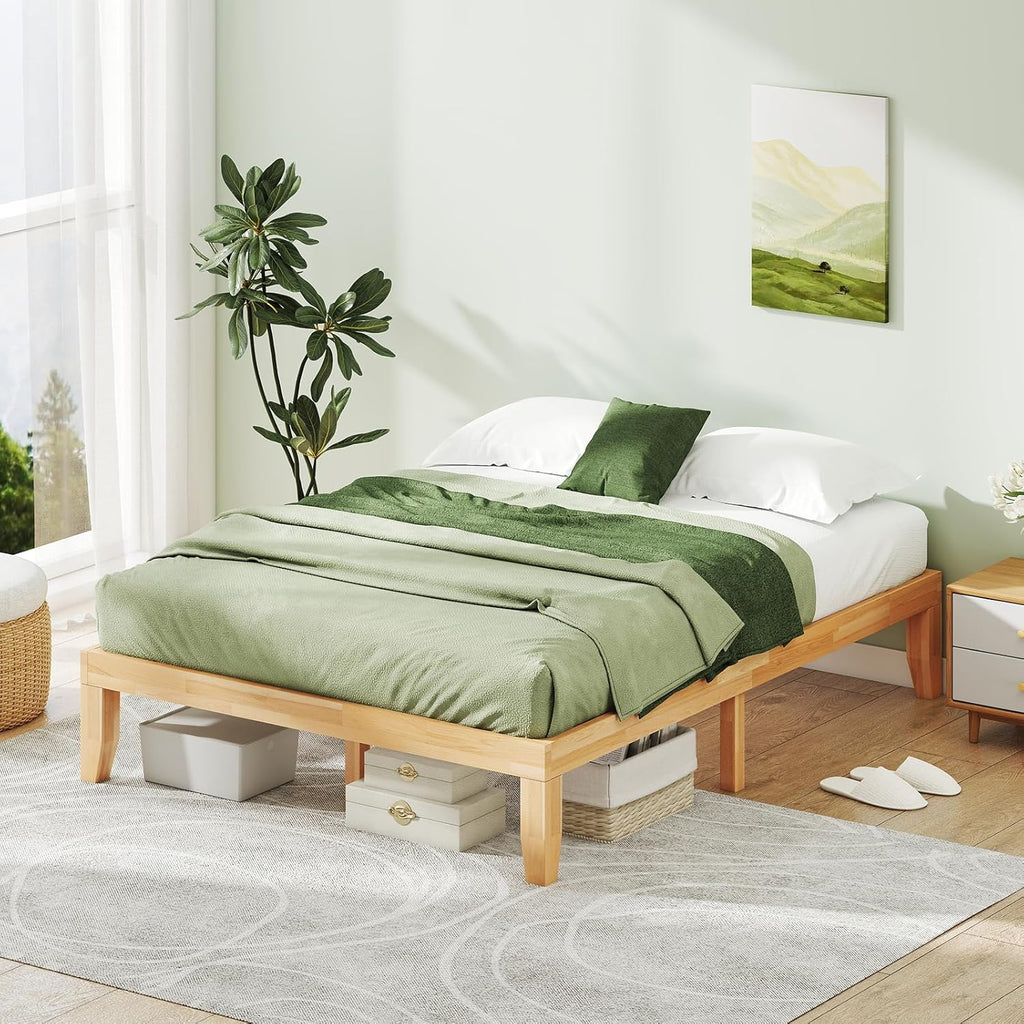 14 Inches Wood Platform Bed Frame Queen, Wooden Mattress Foundation with Rubber Wood Frame, Strong Wooden Slats