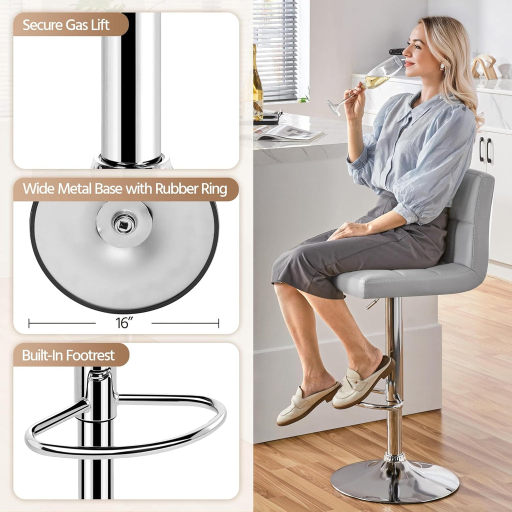 Bar Stools Set of 4, PU Leather Adjustable Barstools, Modern Counter Stools with Back and Footrest, Counter Height