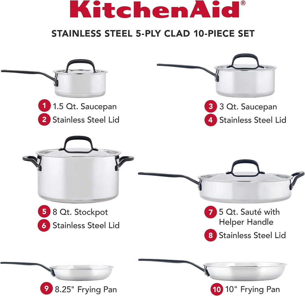 5-Ply Clad Stainless Steel Cookware Induction Pots and Pans Set, 10-Piece, Polished Stainless Steel