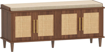 Rattan Shoe Storage Bench with Cushion, 2-Tier Entryway Bench with Adjustable Shelves and 4 Doors, 15" D x 47.2" W x