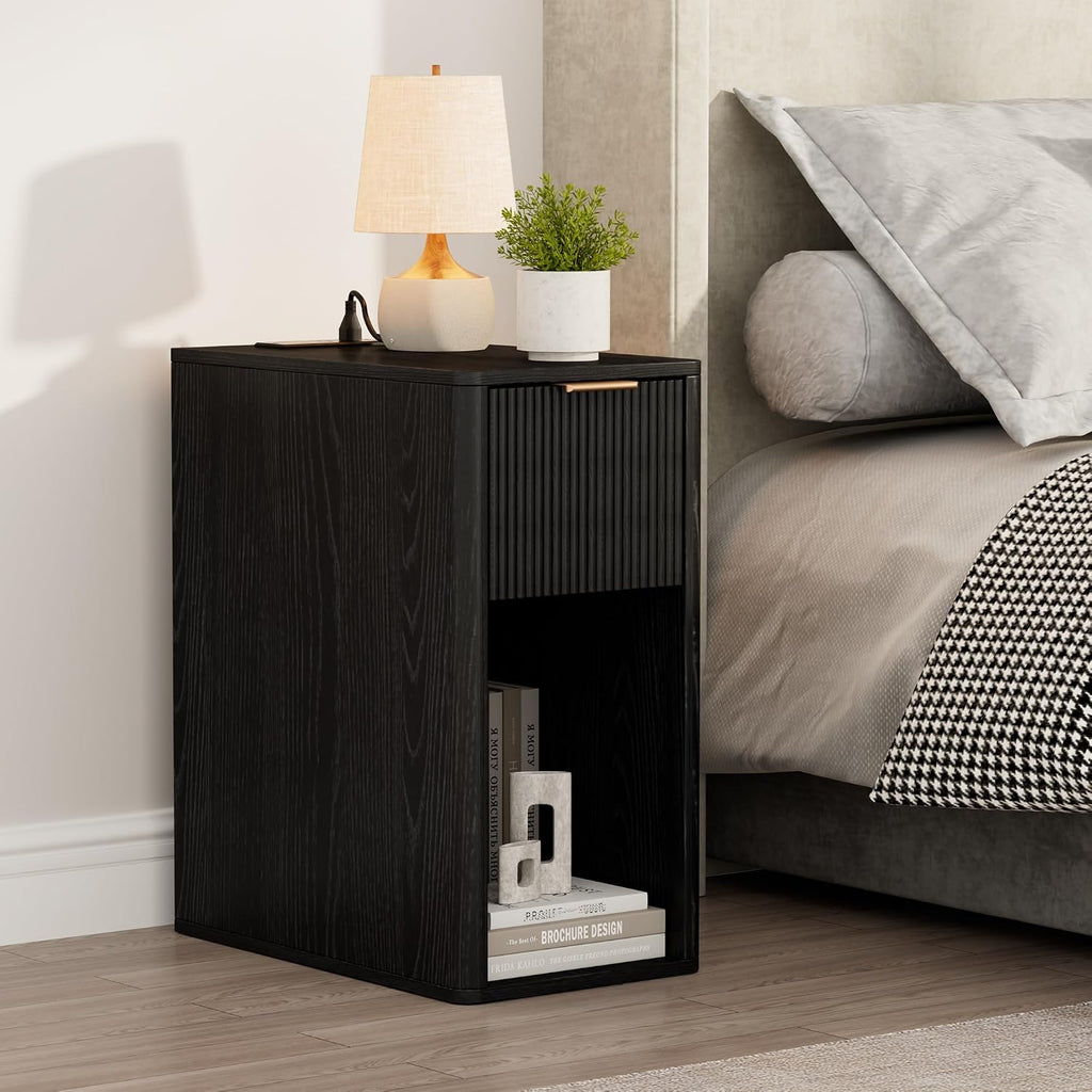 Narrow End Table with Fluted Drawer and Charging Station, Small Nightstand with USB Ports & Outlets, Bedside Table