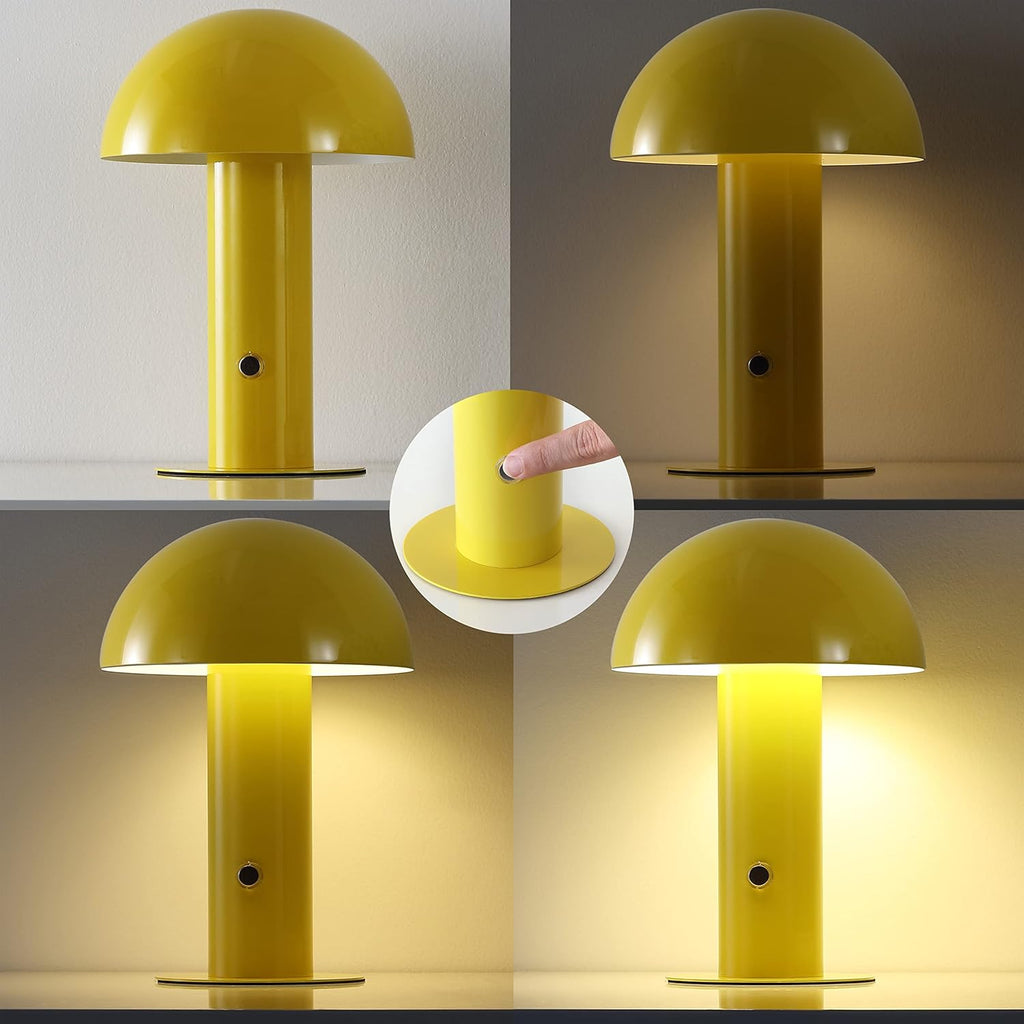 10.75" Yellow Rechargeable LED Mushroom Table Lamp, Cordless Portable Bedside Lamp Bedroom