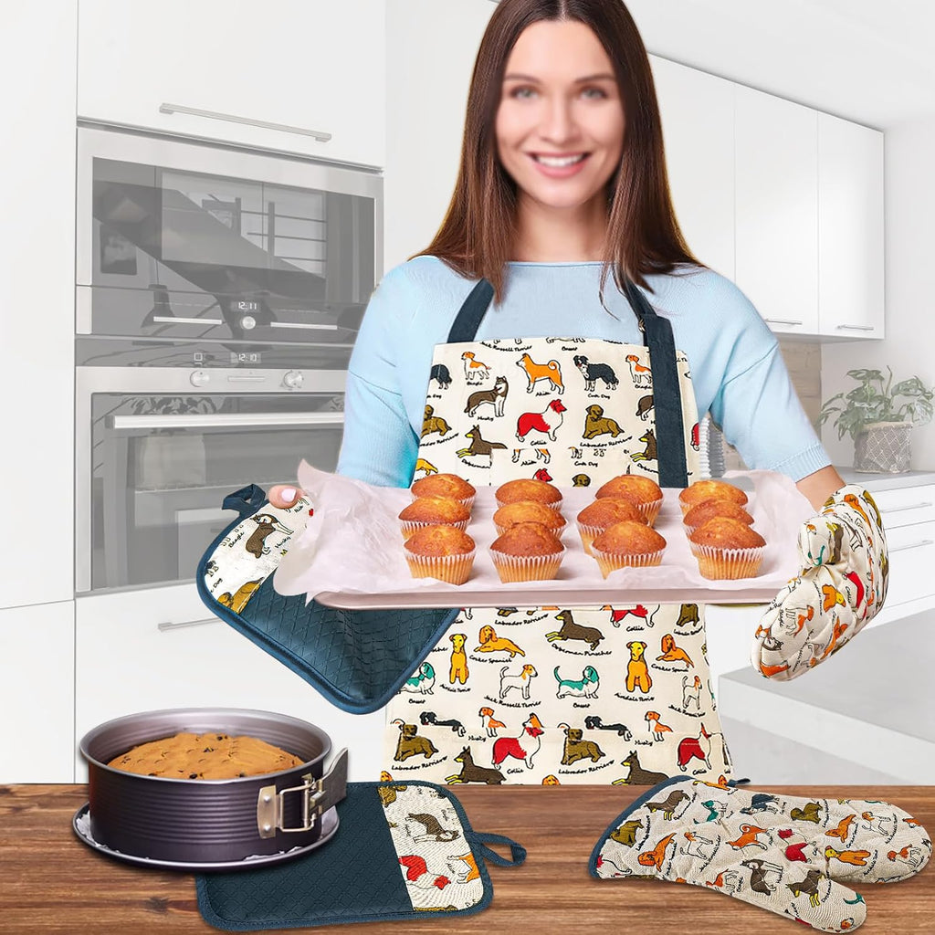 Oven Mitts and Pot Holders with Chef Apron,Kitchen Set of 5 | Heat Resistant Kitchen Gloves and Silicone Non-Slip
