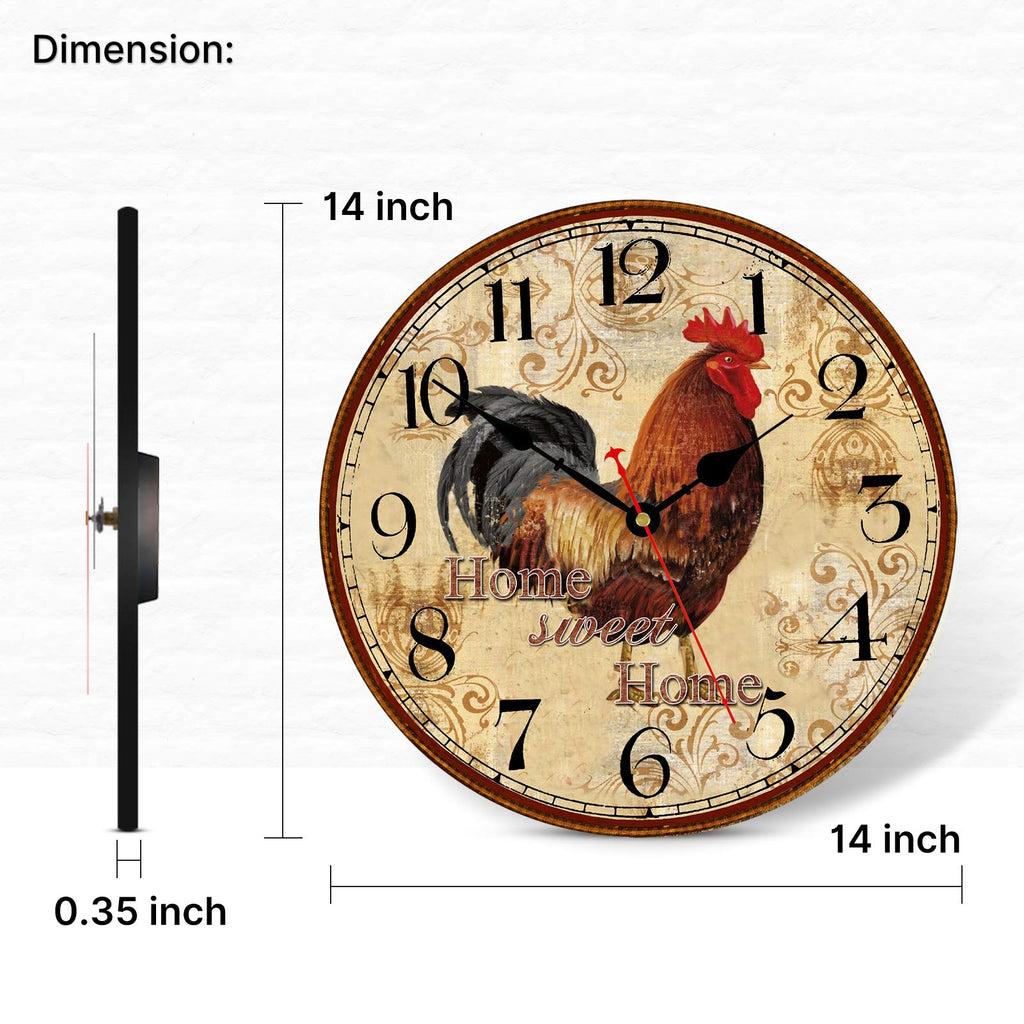 14 Inch Rustic Rooster Wall Clock Retro Silent Non Ticking Easy to Read Clock, Battery Operated Decorative Wall