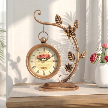 Floral Plant Desk Clock, Vintage Gold Table Clock with Leaf Pattern, Silent Non-Ticking Battery Operated Decorative