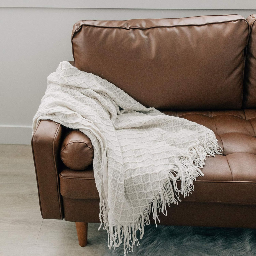Oversized Throw Blanket | Soft, Fluffy, Cozy Decorative Knitted Boho Fringe Blankets | Ivory, Large - 50" x 60"