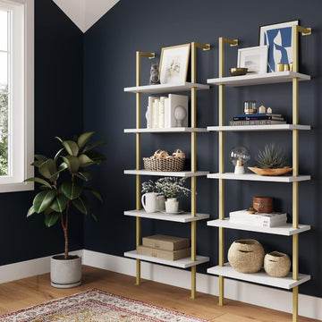 Theo 5-Shelf Gold, Ladder Bookcase with Gold/Brass Metal Frame, White, Set of 2