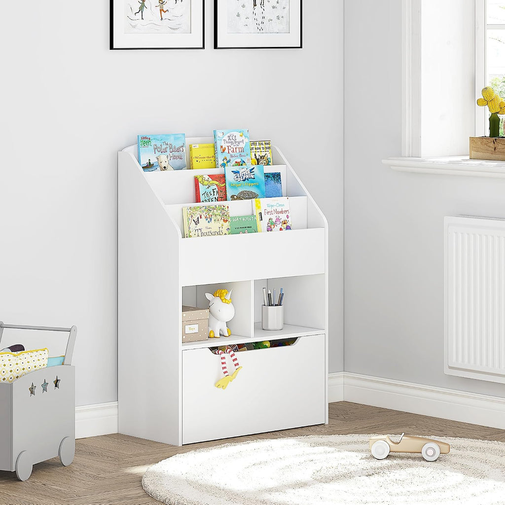 Kids Bookshelf with Movable Toy Box, Toddler Book Shelf and Toy Storage, Children Book Display Rack Toy Chest Combo