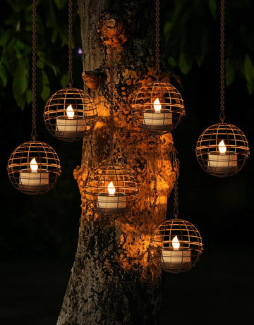 Large Solar Lights Outdoor Hanging Lanterns 6 Pack, Rustic Iron 4.3" Ball Solar Tea Lights with Flickering Flame