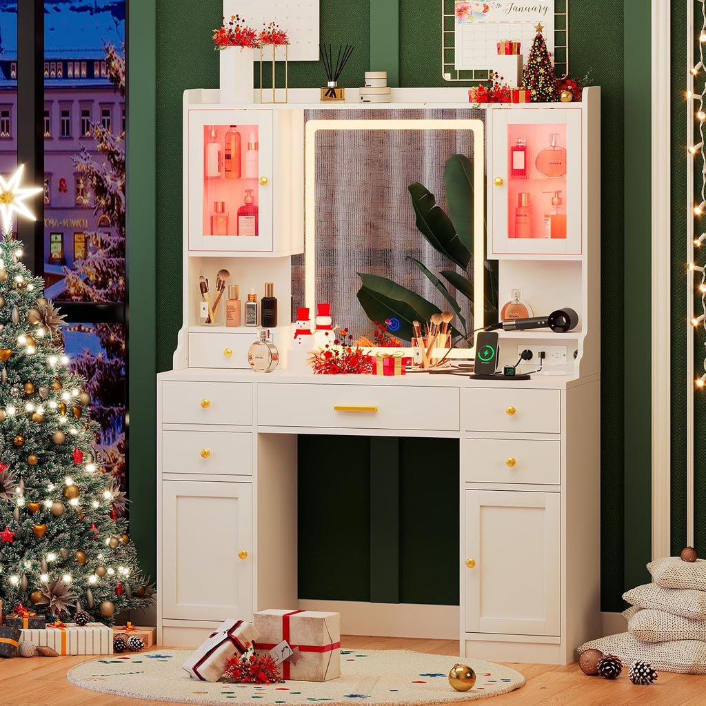 White Makeup Vanity Desk with LED Mirror & RGB Cabinets | Vanity Table with Charging Station and 6 Storage Drawers