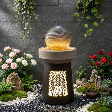 Modern Sphere Water Fountain with LED Lights and Quiet Pump, Freestanding Resin Zen Decor, Suitable, Balcony, Indoor