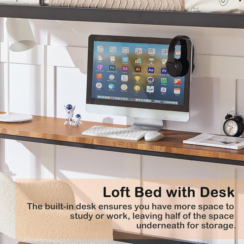Metal Loft Bed Twin with Desk, Heavy Duty Bedframe with Removable Ladder and Safety Guardrail, Space-Saving