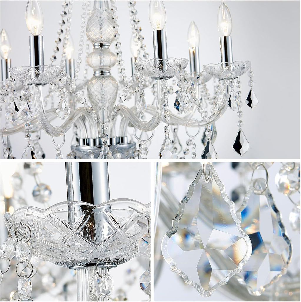 8-Light Chrome Crystal Candle Chandelier - Modern Pendant Ceiling Light, 27.6" W x 35.4" H