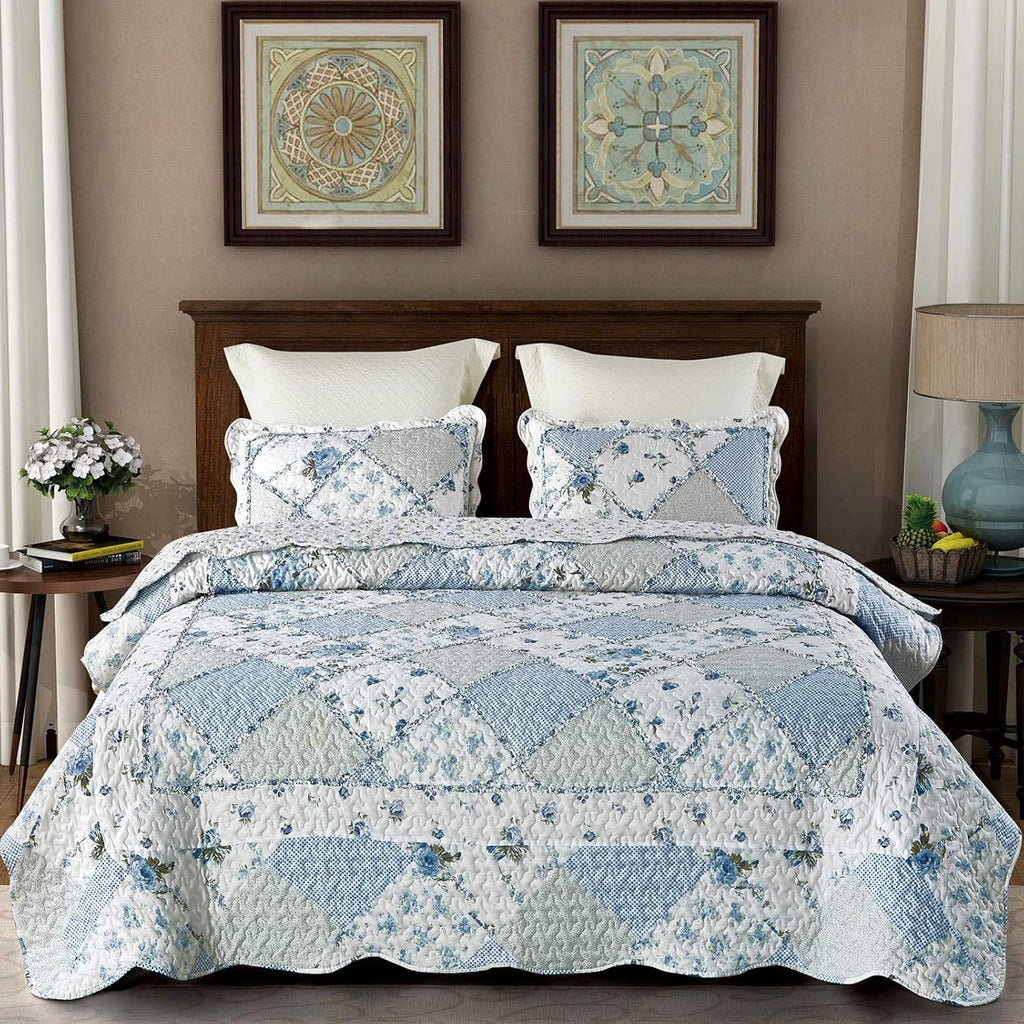 Blue Floral Patchwork Quilt Set, 3 Piece Bedding Set with 2 Pillowcases