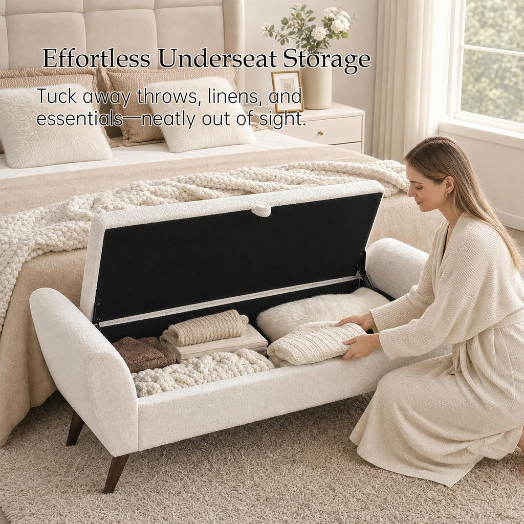 60" Storage Ottoman Bench, Teddy Fabric End of Bed Bench King Size with Solid Wood Legs, Large Hidden Storage (Beige)