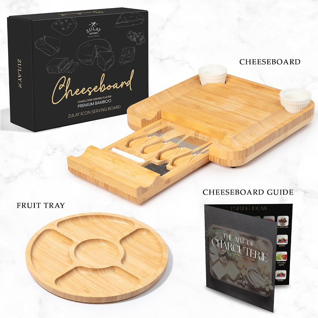 Premium Bamboo Charcuterie Board - Extra Thick Bamboo Board with 4 Piece Knife Set - Perfect for Charcuterie, Wine