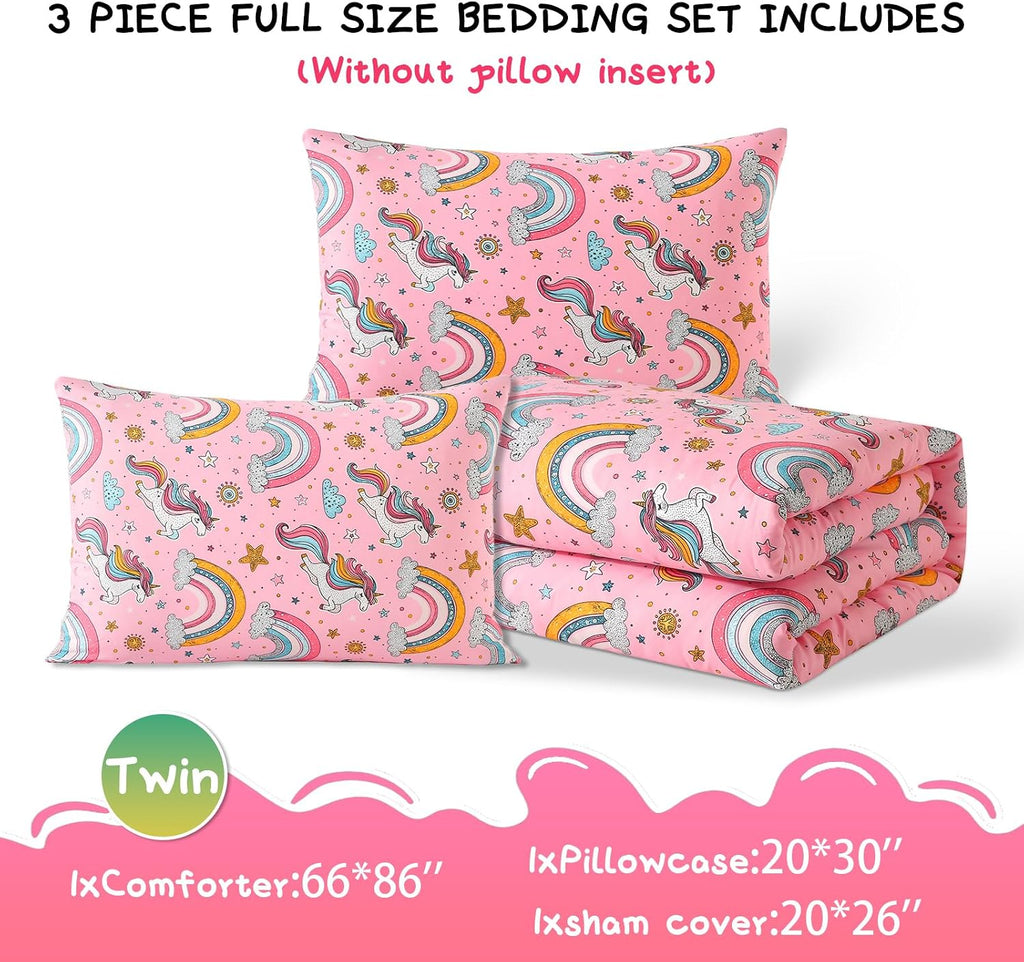 Glow in The Dark Kids Comforter Set, 3 Pieces Pink Unicorn Bedding Set for Boys Girls Teen, 1 Comforter, 1