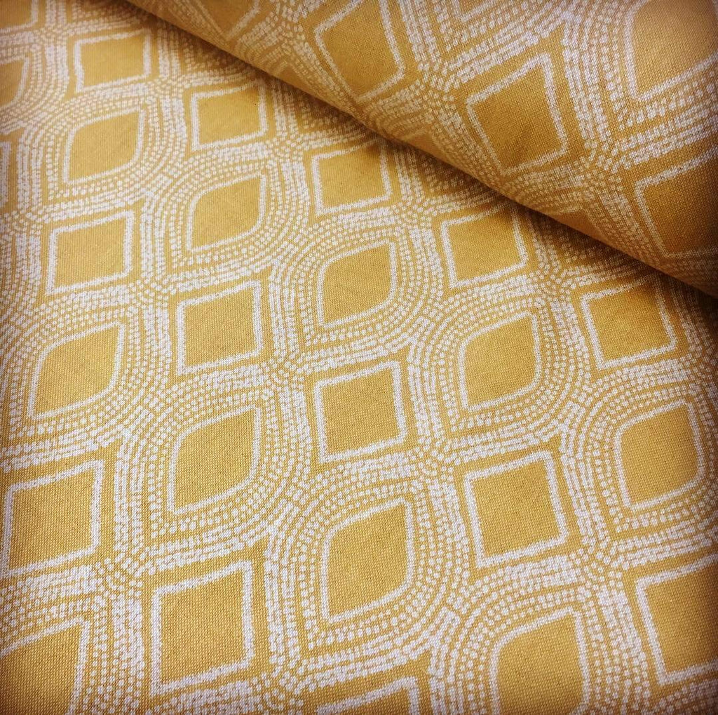 Art Deco Damask Rhombus Diamond Print Fabric Floral Cotton Material for Curtains Upholstery Home Decor - Ochre