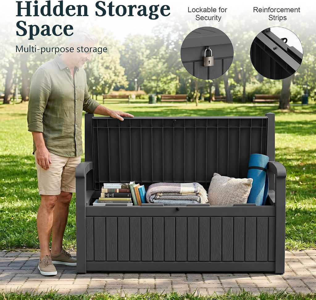 Outdoor Bench, Waterproof Garden Storage Bench, 100 Gallon Deck Box | Lockable Resin Bench Seating Weatherproof