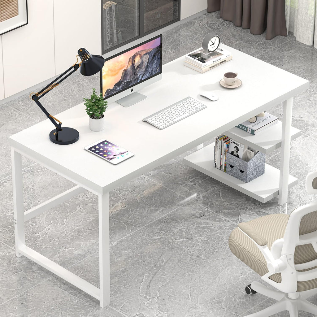 White Computer Desk, Modern Home Office Desk with Storage Shelf, Wood and Metal Writing Study Table Bedroom, 53 Inch
