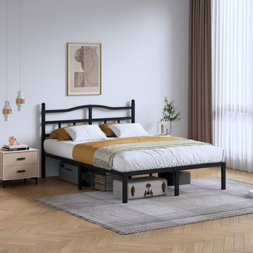 14 Inch Metal Bed Frame - Queen Heavy Duty Bedframe with Headboard Black Basic Steel Slats Platform No Box Spring
