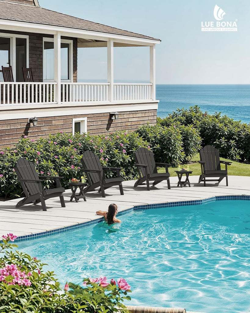 HDPE Folding Adirondack Chairs Set of 4, Black Fire Pit Chairs | All-season weather resistant, ergonomic comfy