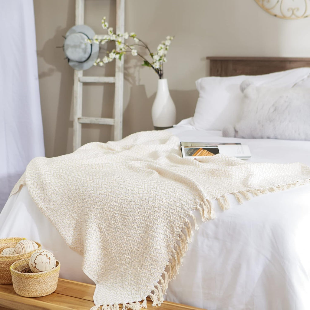 Modern Zig Zag Throw Blanket Woven Cotton, Hand-Knotted 2.5" Fringe, 50x60, Natural