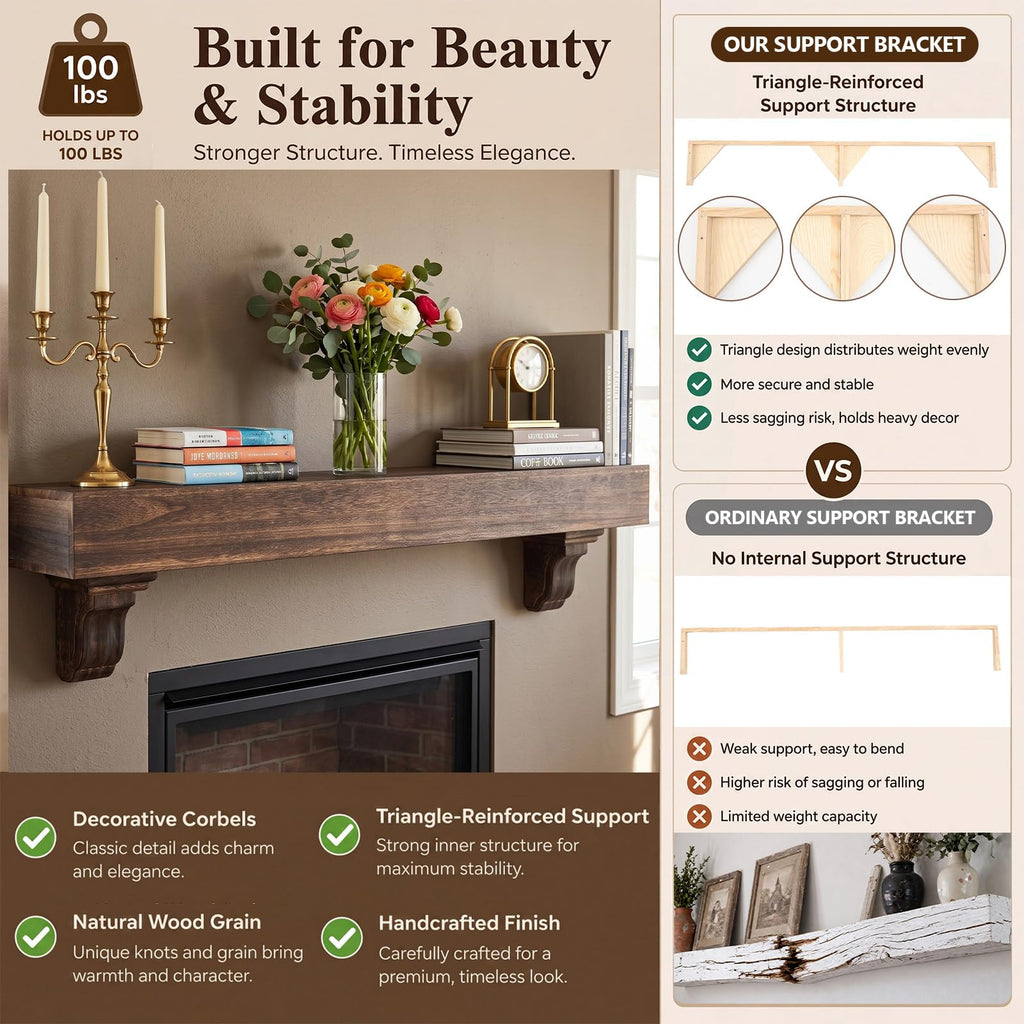 60 Inch Fireplace Mantel Shelf with Corbels Solid Wood Rustic Walnut Finish