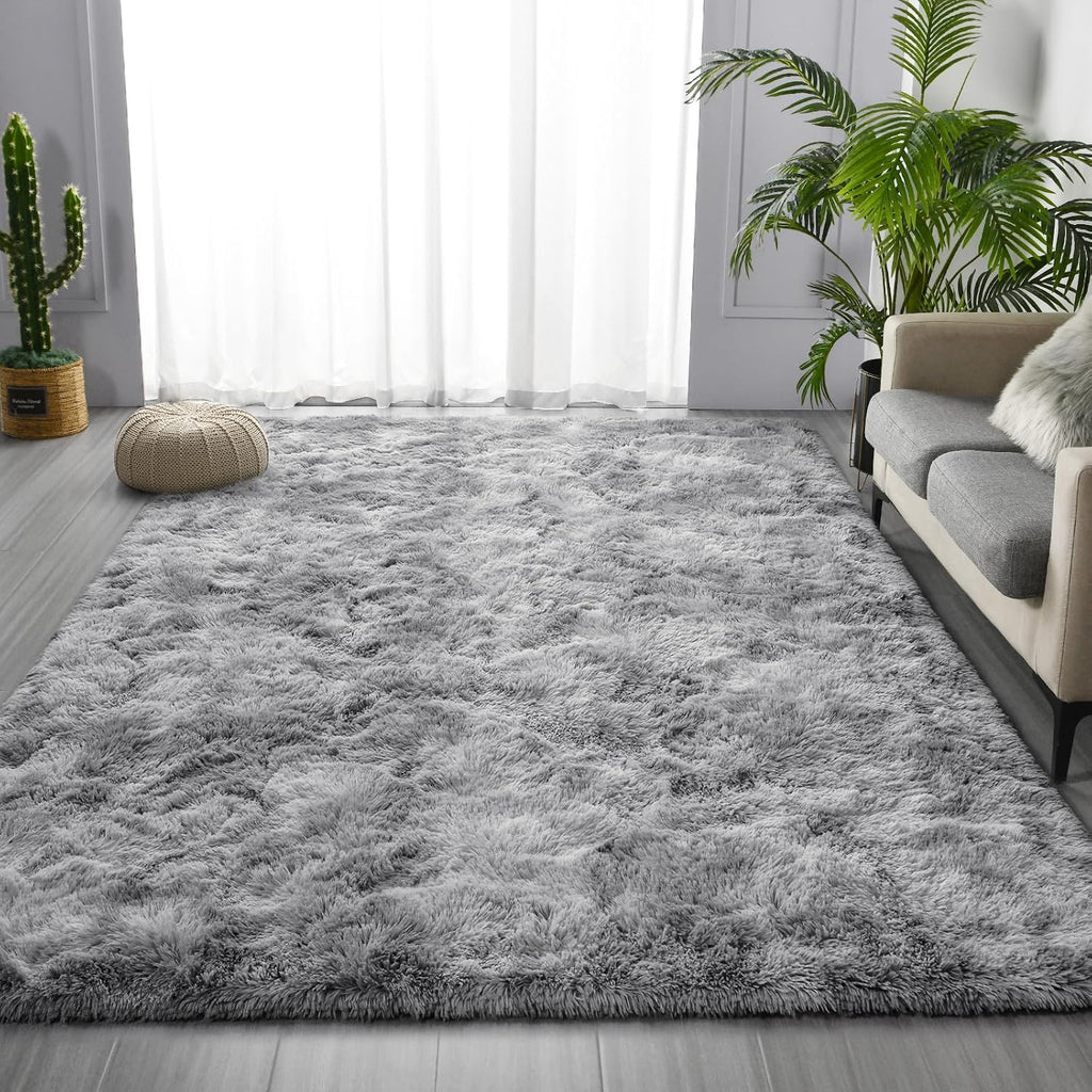 Large Shag Area Rugs 5 x 8, Tie-Dyed Plush Fuzzy Rugs, Light Grey