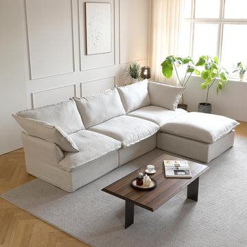 L Shape Modular Couches, Deep Couch Sectional Couch with Chaise Ottoman, Modern Comfy Cloud Sectional Sofas, Cushion Covers Removable, Two Corners and A Middle Sofa for Living Room (Beige)