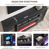 80 Inch Farmhouse Fireplace TV Stand for TVs, Entertainment Center with 36 Inch Electric Fireplace, LED Lights, Storage Drawers and Cabinets, Black