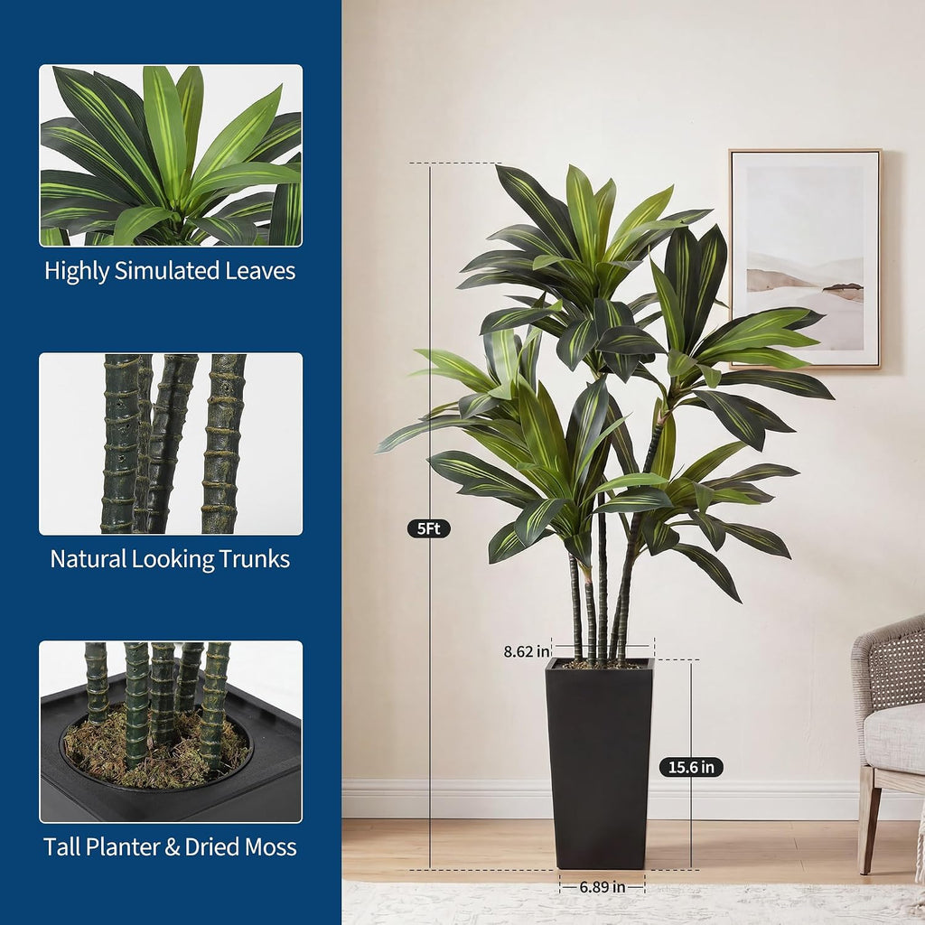 5FT Artificial Dracaena Tree with Black Tall Planter, Tall Fake Tree Indoor, Faux Plant in Pot Porch Decor, Easy