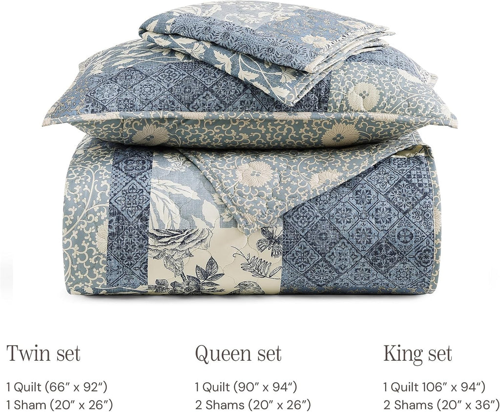 Quilt Set Queen, Patchwork Blue Floral Quilt Sets, Reversible Bedspread Lightweight and Breathable for All Seasons