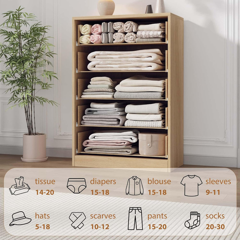 5 Dresser , 43.3" Tall Dresser, Freestanding Horizontal Drawer with Storage, Wooden Closet Chest Storage , Natural Oak