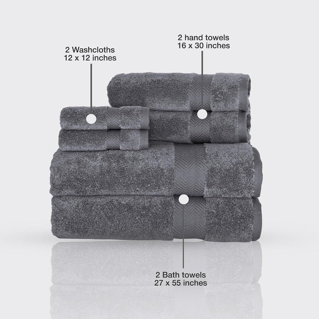 CTT - Luxury 6 Piece Towel Set, 100% Turkish Cotton, Quick Drying, Highly Absorbent & Comfy, Includes 2 Bath Towels