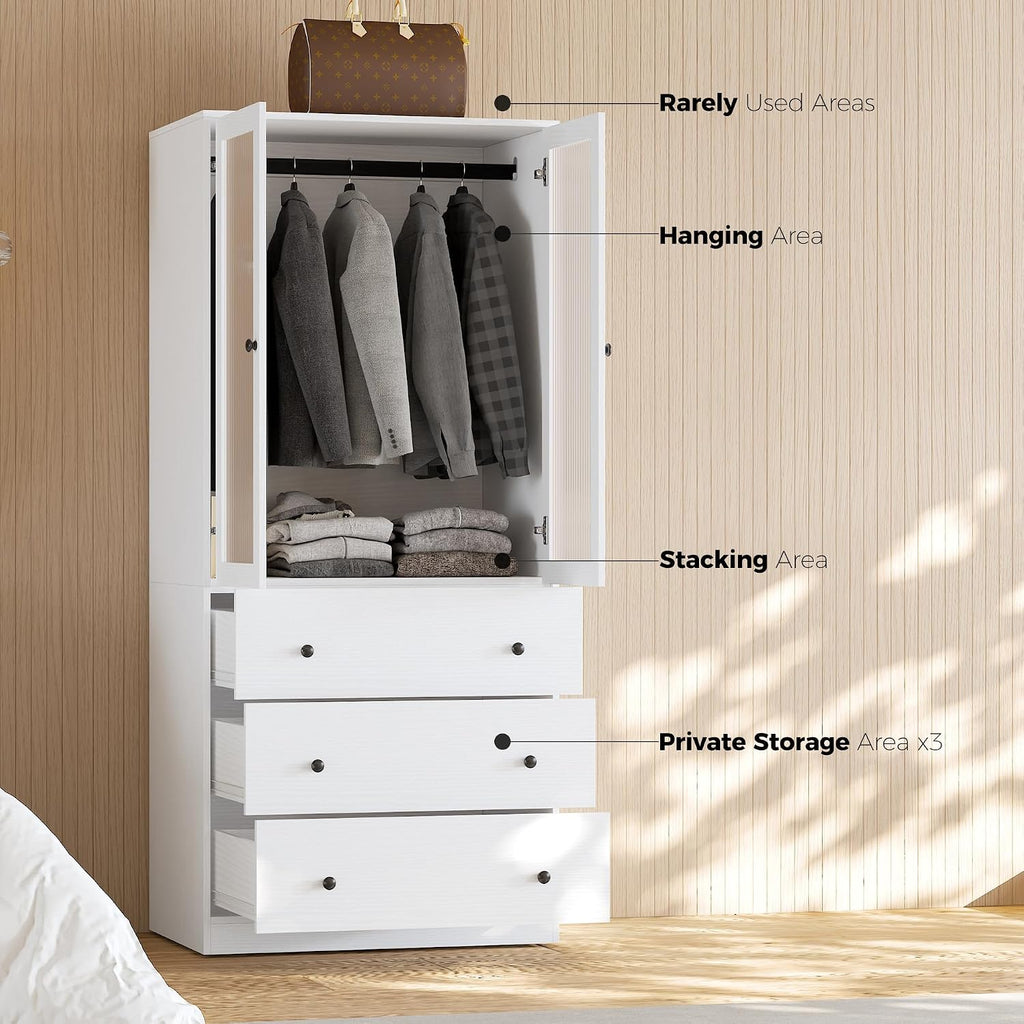 20"D Armoire Wardrobe Closet with Fluted Glass Door, 71" H Clothing Storage Cabinet with 8 Drawers, Hanging Rod, 4