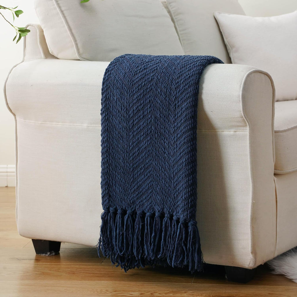 Navy Blue Throw Blanket, Knitted Blue Blanket Throw 50'' x 60'', Super Soft Warm Navy Throws for Chair Sofa Home Decor
