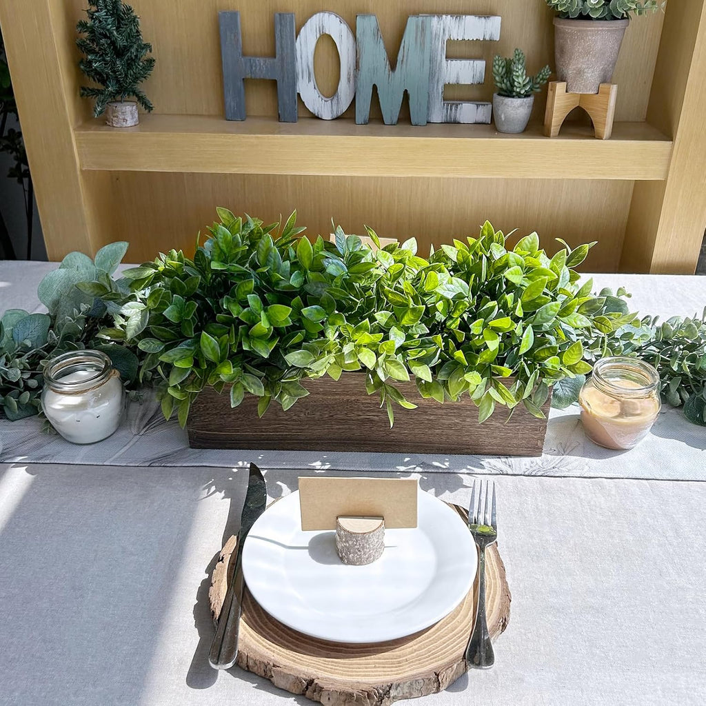 14" Artificial Boxwood Plants in Rectangular Wood Planter Farmhouse Greenery Arrangement Centerpiece Faux Potted Herb