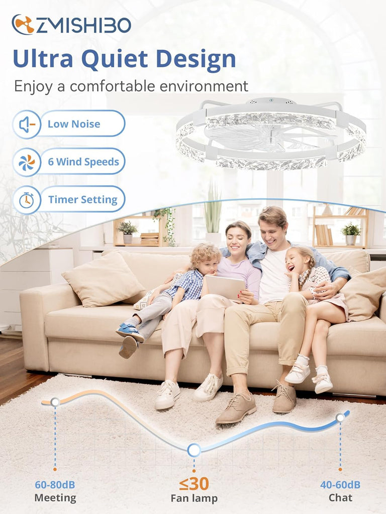 24 Inch Flush Mount Ceiling Fan with Light, Bladeless Low Profile Enclosed Fan Kids Room
