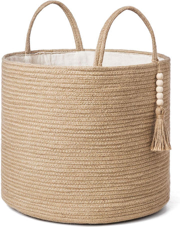 Woven Storage Basket for Blanket, Toys Plant Organizer, 16"W x 13.8"L | Brown, Jute, Decorative Basket with Handle