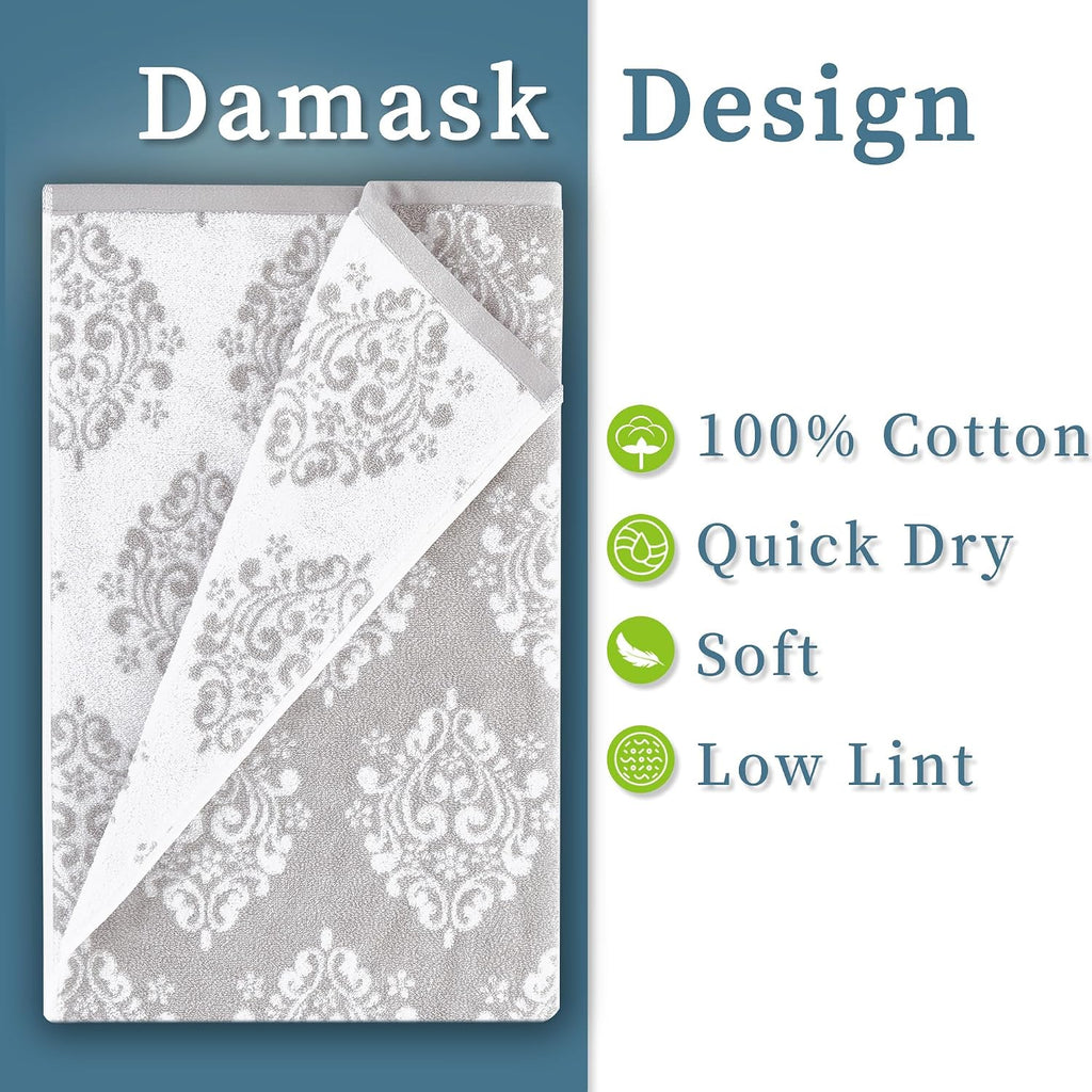 Grey Towel 6pc, 100% Cotton, Damask | Absorbent, Soft, Thick, Quick Dry, Heavy Duty, Fade-Resistant, Shower Towel