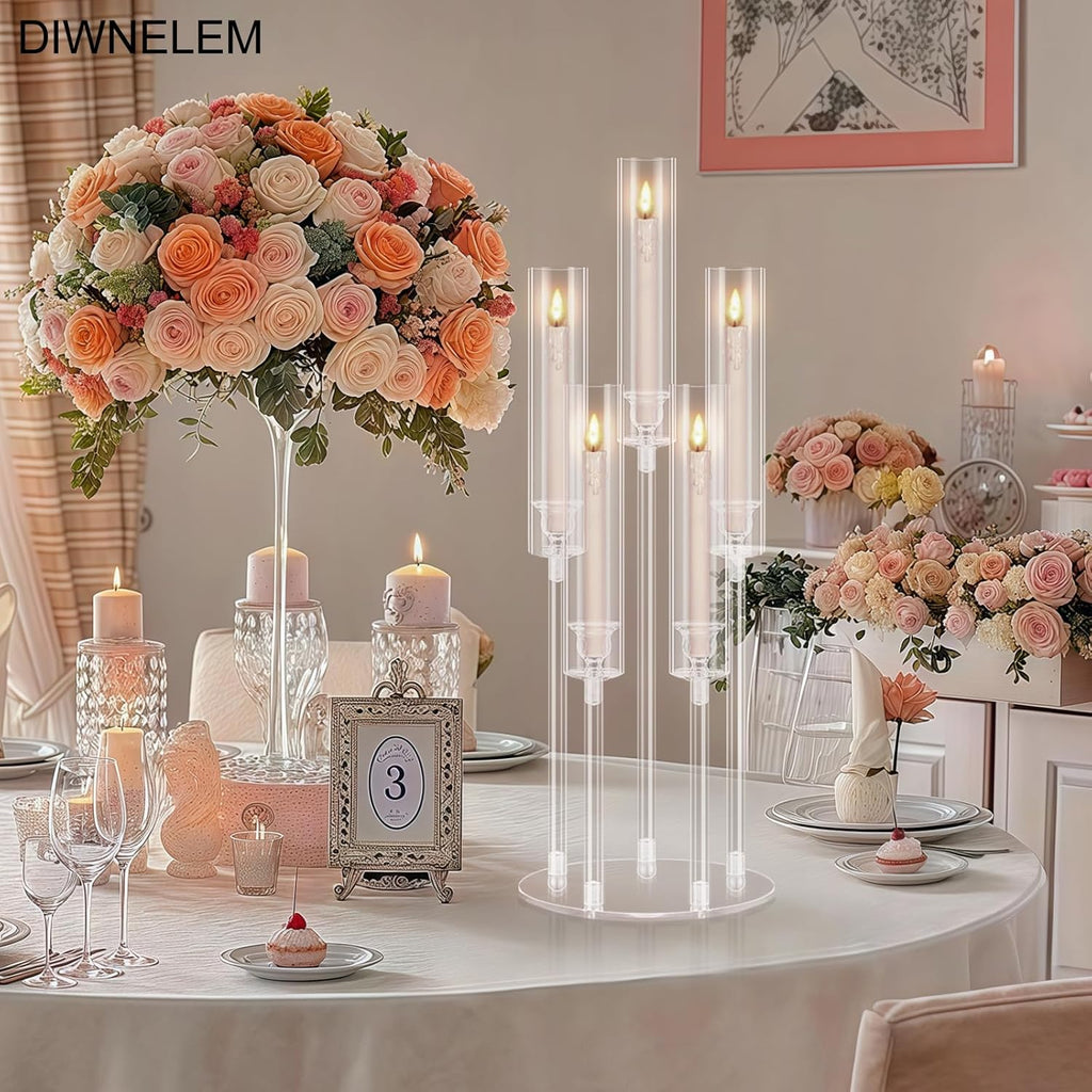 2Pcs Acrylic Candelabra Centerpieces 25.5" Tall Crystal Taper Candlestick with Shade Fit 0.87'' Led Candle