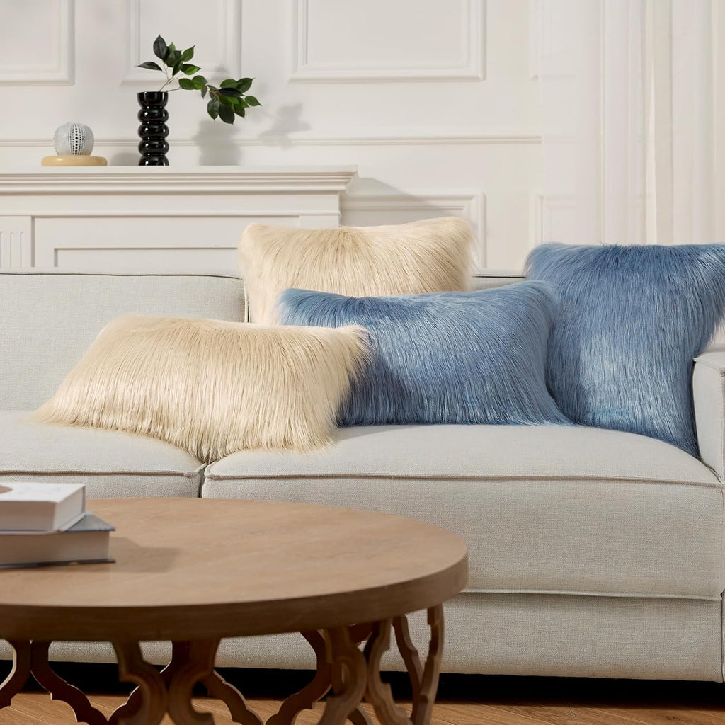 Faux Fur Pillow Cover Decorative Fluffy Throw Pillow Mongolian Luxury Fuzzy Pillow Case Cushion Cover, Light Beige 18